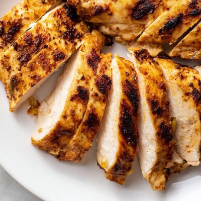 Juicy Greek yogurt marinated chicken sliced open showing moist tender seasoned meat