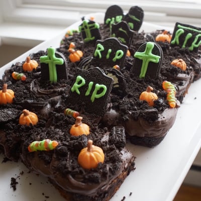 Pull Apart Graveyard Cupcakes decorated with cookie tombstones, gummy worms, and candy pumpkins