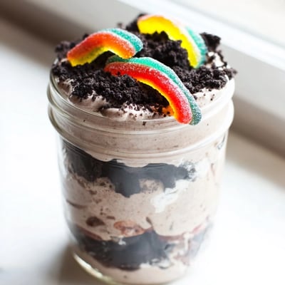 Chocolate dirt pudding served in individual jars topped with cookie crumb soil