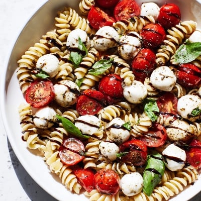 Creamy mozzarella and ripe tomatoes tossed in this chilled Caprese Pasta Salad