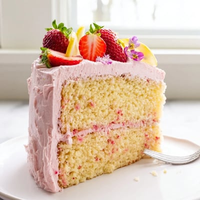 Moist strawberry lemonade cake layers with tangy cream cheese frosting on a rustic plate
