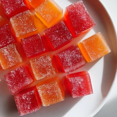 Chewy collagen fruit jellies arranged on a pastel plate alongside fresh berries and juice glasses
