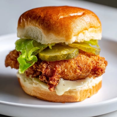 Juicy pickle brined fried chicken sliders garnished with creamy sauce on toasted sweet buns