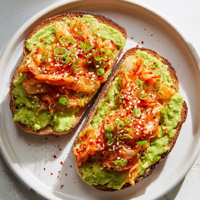 Creamy mashed avocado and tangy kimchi piled on golden toasted sourdough bread